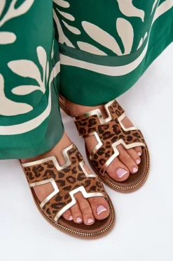 Skórzane Płaskie Klapki W Panterkę Zazoo 40383 Brązowe