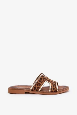 Skórzane Płaskie Klapki W Panterkę Zazoo 40383 Brązowe
