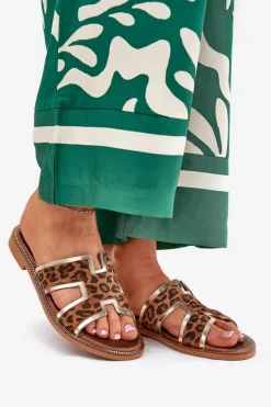 Skórzane Płaskie Klapki W Panterkę Zazoo 40383 Brązowe