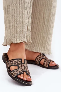 Skórzane Płaskie Klapki W Panterkę Zazoo 40383 Czarne