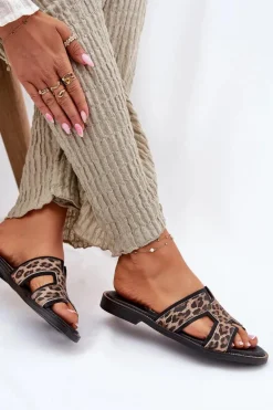 Skórzane Płaskie Klapki W Panterkę Zazoo 40383 Czarne