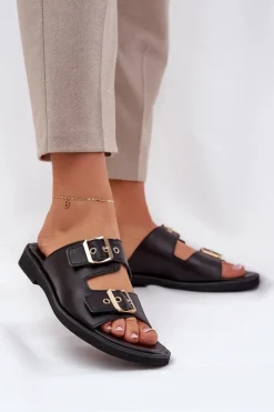 Skórzane Płaskie Klapki Z Klamrami Zazoo 3020 Czarne