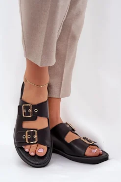 Skórzane Płaskie Klapki Z Klamrami Zazoo 3020 Czarne