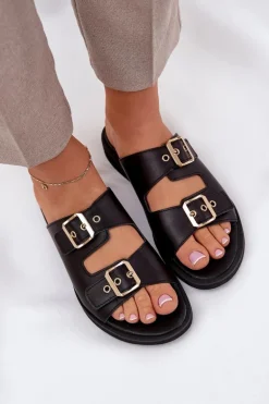 Skórzane Płaskie Klapki Z Klamrami Zazoo 3020 Czarne