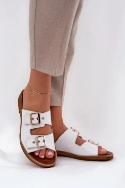 Skórzane Płaskie Klapki Z Klamrami Zazoo 3020 Białe