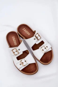 Skórzane Płaskie Klapki Z Klamrami Zazoo 3020 Białe