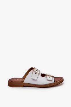 Skórzane Płaskie Klapki Z Klamrami Zazoo 3020 Białe