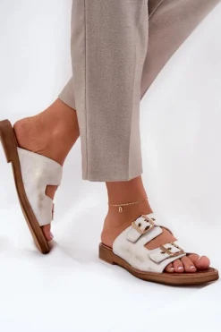 Skórzane Płaskie Klapki Z Klamrami Zazoo 3020 Złoty Przecierany