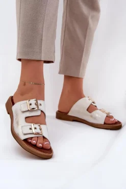 Skórzane Płaskie Klapki Z Klamrami Zazoo 3020 Złoty Przecierany