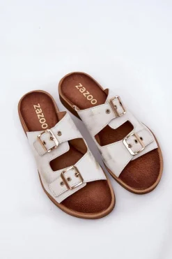 Skórzane Płaskie Klapki Z Klamrami Zazoo 3020 Złoty Przecierany