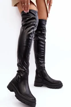 Skórzane Płaskie Kozaki Za Kolano Czarne Lilien