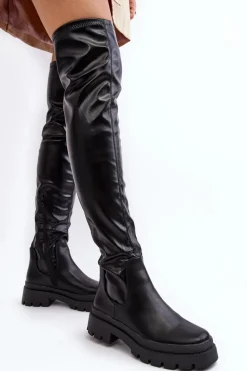 Skórzane Płaskie Kozaki Za Kolano Czarne Lilien