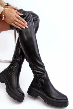 Skórzane Płaskie Kozaki Za Kolano Czarne Lilien