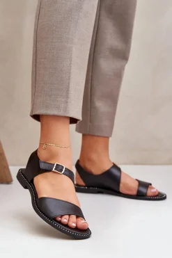 Skórzane Płaskie Sandały Damskie Zazoo 3014 Czarne