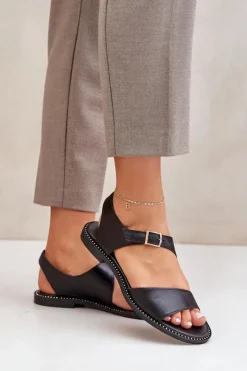 Skórzane Płaskie Sandały Damskie Zazoo 3014 Czarne