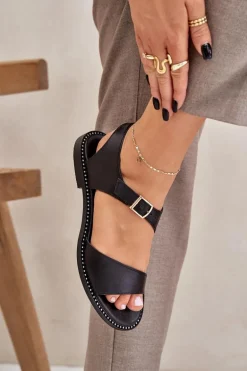 Skórzane Płaskie Sandały Damskie Zazoo 3014 Czarne