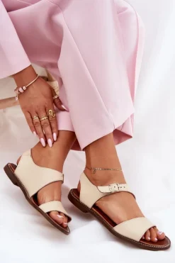 Skórzane Płaskie Sandały Damskie Zazoo 3014 Beżowe