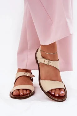 Skórzane Płaskie Sandały Damskie Zazoo 3014 Beżowe