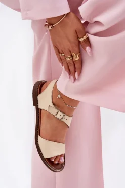 Skórzane Płaskie Sandały Damskie Zazoo 3014 Beżowe