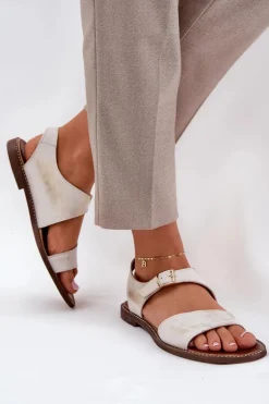 Skórzane Płaskie Sandały Damskie Zazoo 3014 Złoty Przecierany