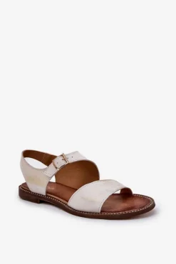 Skórzane Płaskie Sandały Damskie Zazoo 3014 Złoty Przecierany