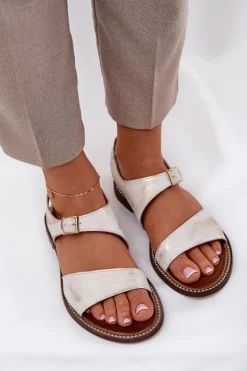 Skórzane Płaskie Sandały Damskie Zazoo 3014 Złoty Przecierany