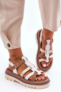 Skórzane Płaskie Sandały Maciejka 06101-11 Biało-Brązowe