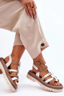 Skórzane Płaskie Sandały Maciejka 06101-11 Biało-Brązowe