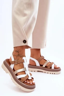 Skórzane Płaskie Sandały Maciejka 06101-11 Biało-Brązowe