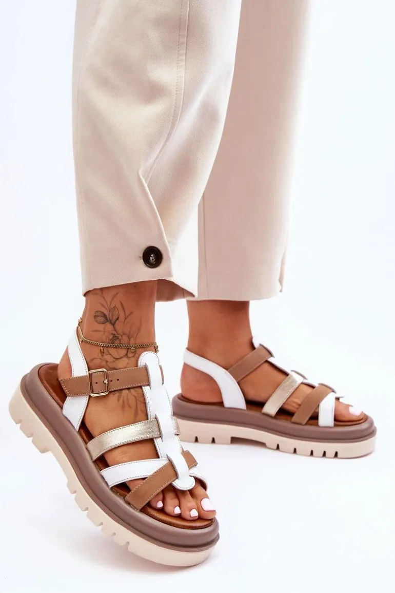 Skórzane Płaskie Sandały Maciejka 06101-11 Biało-Brązowe