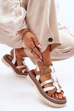 Skórzane Płaskie Sandały Maciejka 06101-11 Biało-Brązowe