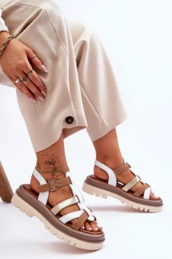 Skórzane Płaskie Sandały Maciejka 06101-11 Biało-Brązowe