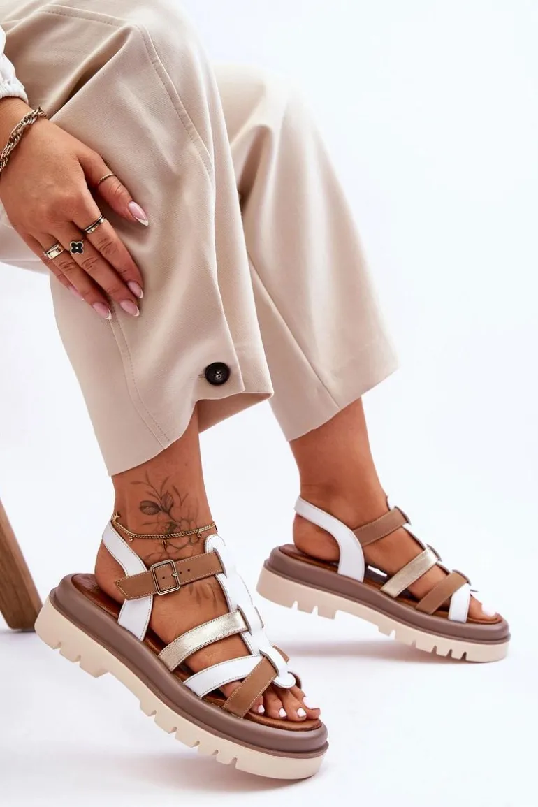 Skórzane Płaskie Sandały Maciejka 06101-11 Biało-Brązowe