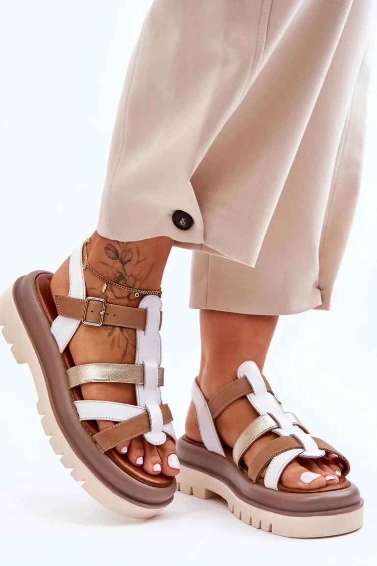 Skórzane Płaskie Sandały Maciejka 06101-11 Biało-Brązowe