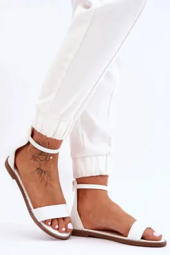 Skórzane Płaskie Sandały Na Zamek Białe Millou