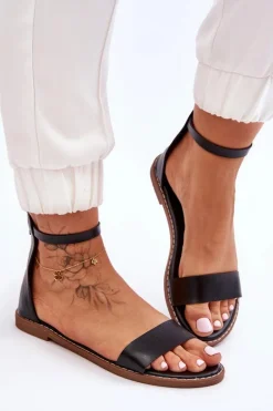 Skórzane Płaskie Sandały Na Zamek Czarne Millou