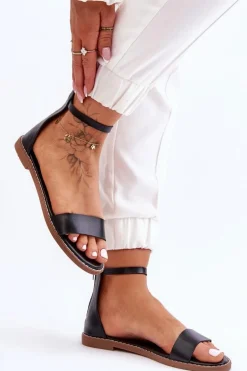 Skórzane Płaskie Sandały Na Zamek Czarne Millou