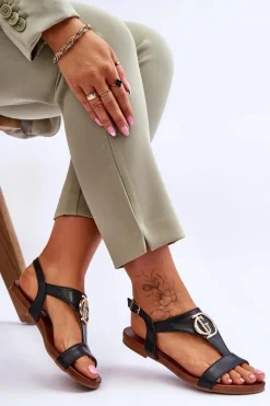 Skórzane Płaskie Sandały S.Barski KV-5541-32 Czarne