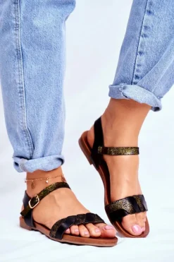 Skórzane Płaskie Sandały S.Barski Czarno-Złote