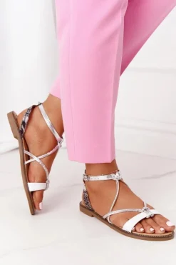 Skórzane Płaskie Sandały S.Barski LJ281 Biało-Srebrne