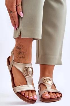 Skórzane Płaskie Sandały S.Barski KV-5541-32 Złote