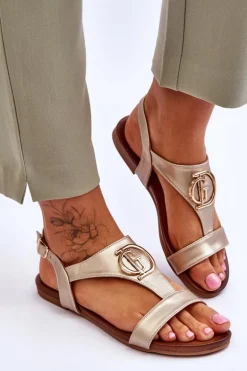 Skórzane Płaskie Sandały S.Barski KV-5541-32 Złote