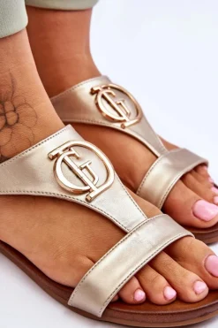 Skórzane Płaskie Sandały S.Barski KV-5541-32 Złote