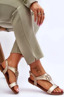 Skórzane Płaskie Sandały S.Barski KV-5541-32 Złote