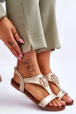 Skórzane Płaskie Sandały S.Barski KV-5541-32 Złote