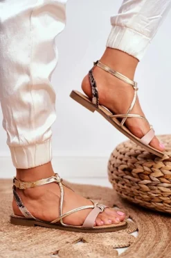 Skórzane Płaskie Sandały S.Barski LJ281 Beżowo-Złote