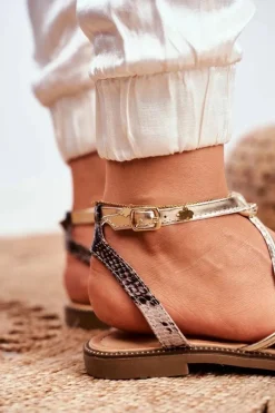 Skórzane Płaskie Sandały S.Barski LJ281 Beżowo-Złote