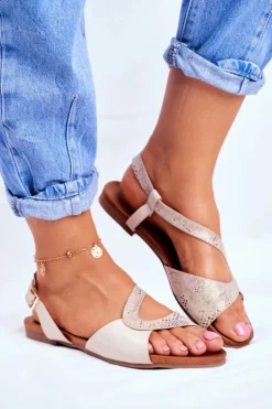 Skórzane Płaskie Sandały S.Barski Beżowe