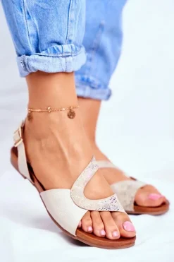 Skórzane Płaskie Sandały S.Barski Beżowe