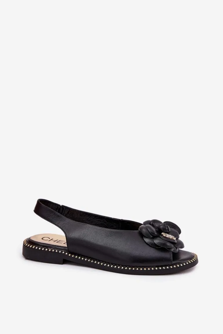 Skórzane Płaskie Sandały Z Ozdobą CheBello 4642 Czarne